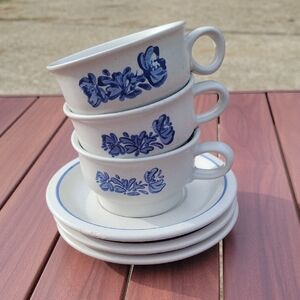Pfaltzgraff Yorktowne Blue Floral Mugs with Saucers